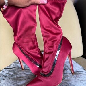 Women's Satin Burgundy Stiletto Boots